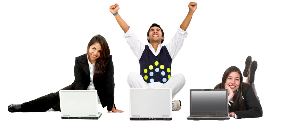 business woman on a laptop on the floor over white