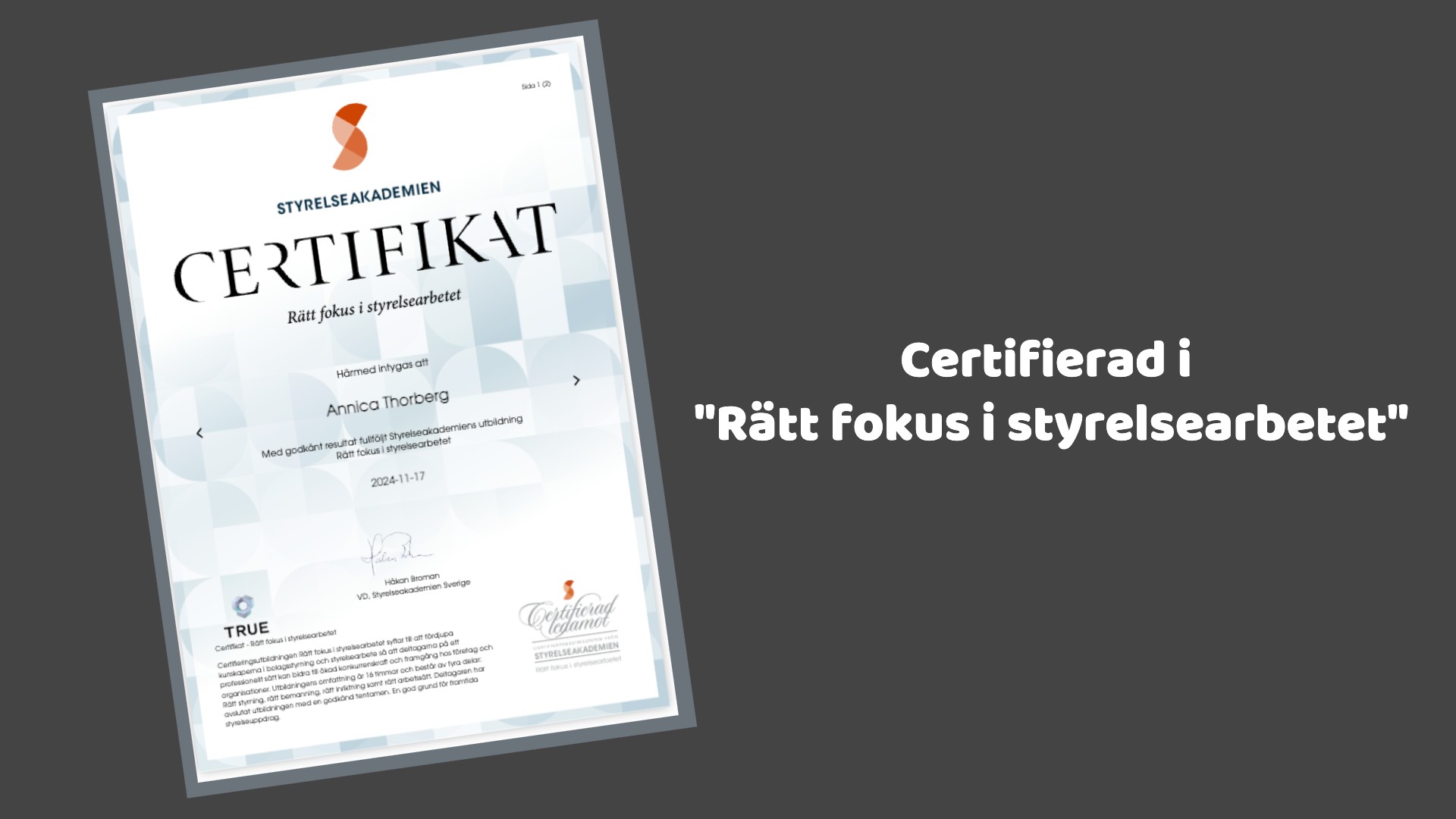 certifikat rätt fokus i styrelsearbetet